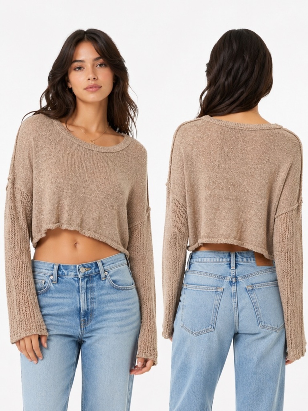 Urban Outfitters Staring At Stars Beige Open Knit Cropped Sweater Relaxed S/M